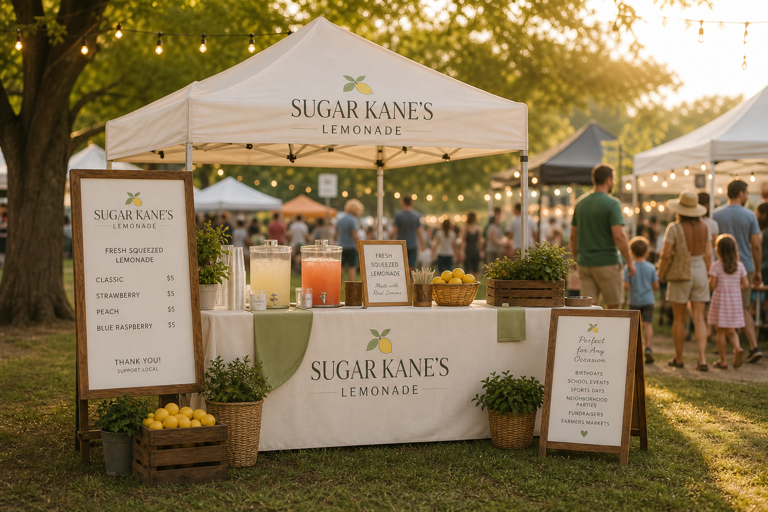 Sugar Kane's Lemonade pop-up stand serving at a warm neighborhood event with market visitors in the background