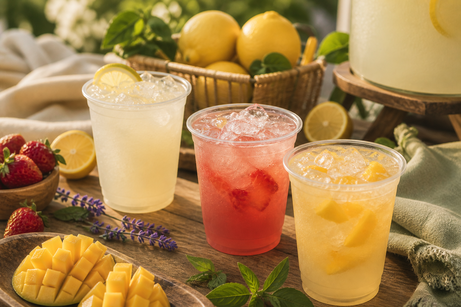 Fresh lemonade cups with lemons, strawberries, mango, lavender, and ice on a wood table