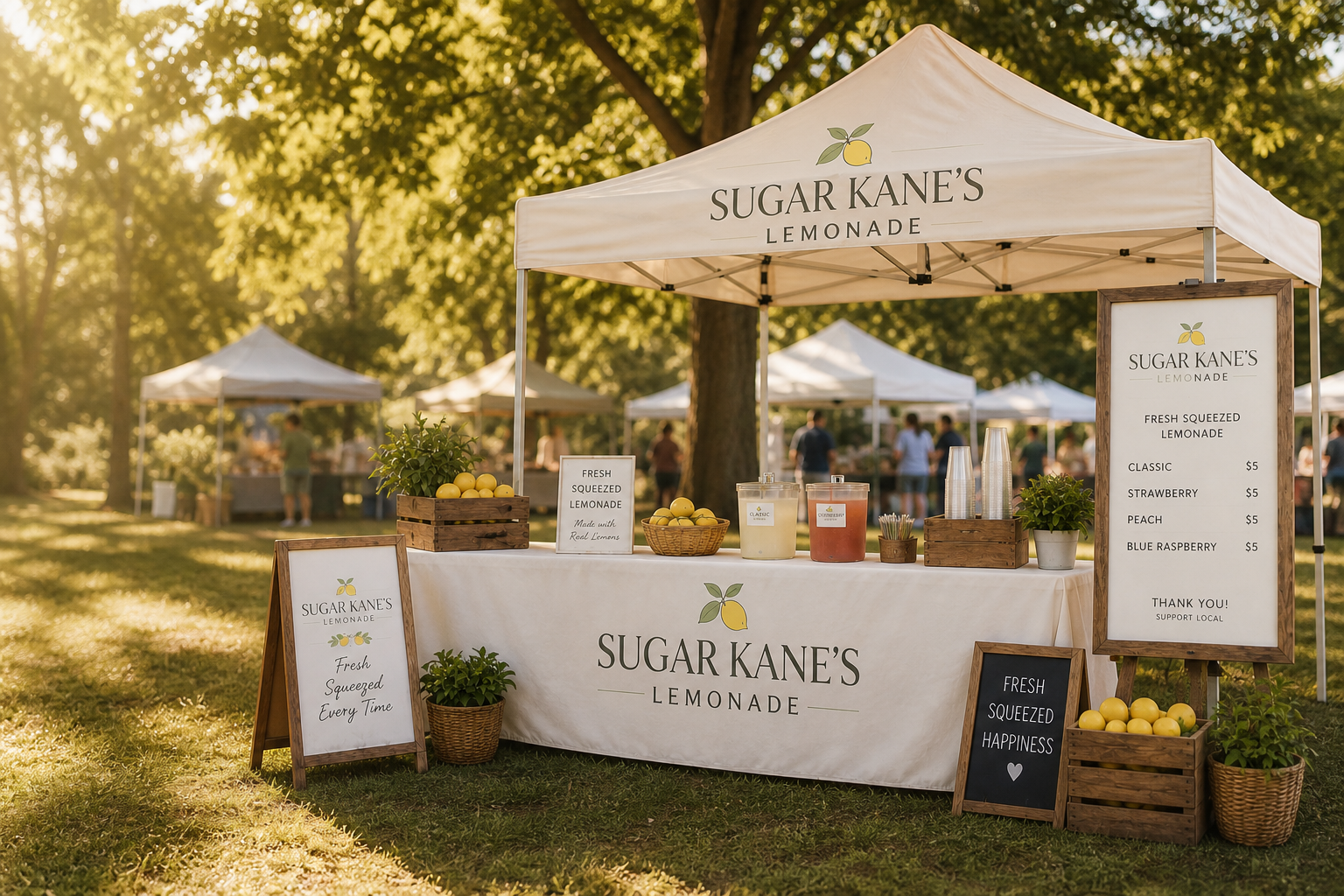Sugar Kane's Lemonade cream canopy pop-up stand with lemonade dispensers, lemons, menu signage, and greenery