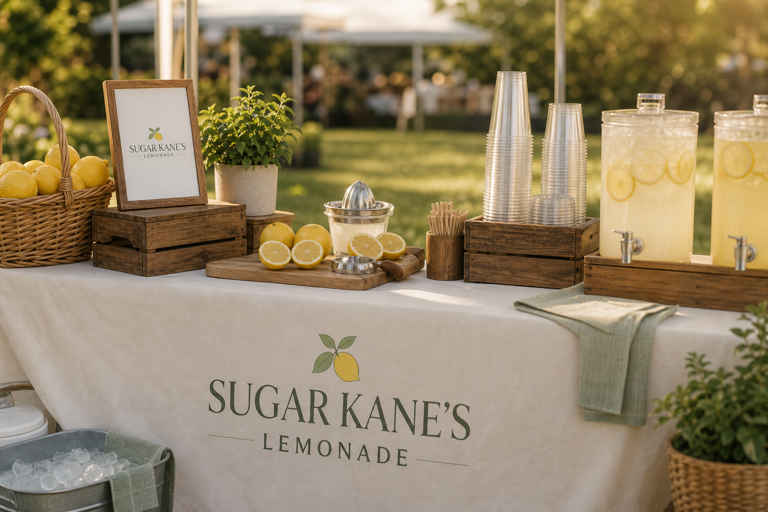 Sugar Kane's Lemonade setup detail with lemons, hand juicer, cups, straws, dispensers, ice, and branded table cover